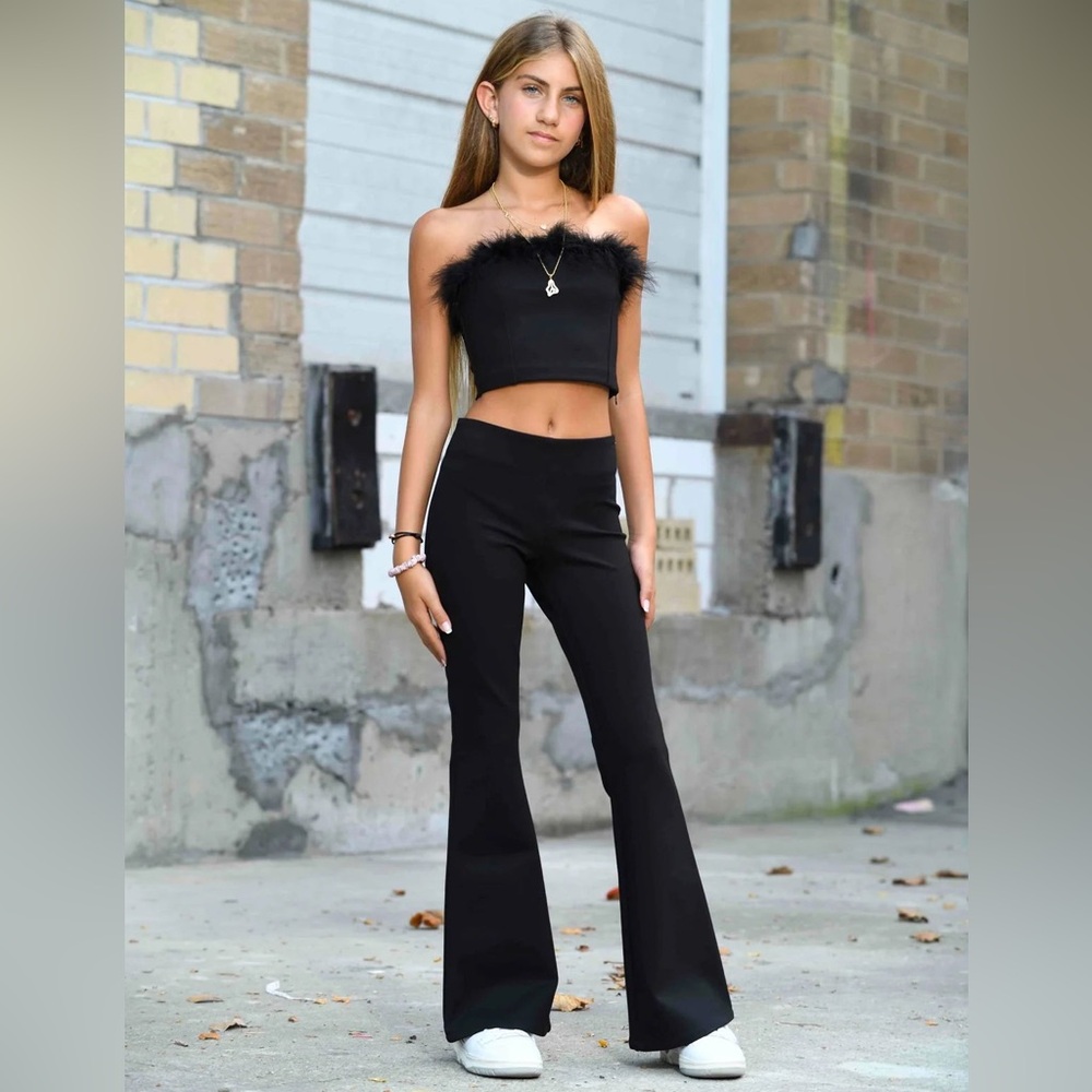 KatieJ NYC Christy Black Flare Feather Top and Pants Set
